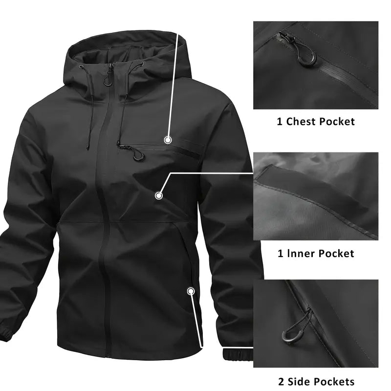 Men's Waterproof Hooded Jacket with Multiple Pockets