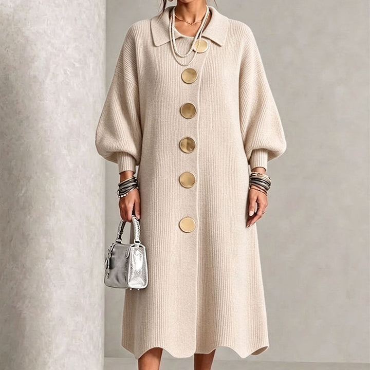 Buttoned Long Women's Ribbed Knit Dress