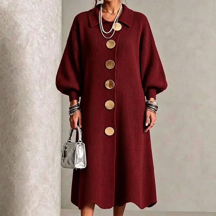 Buttoned Long Women's Ribbed Knit Dress