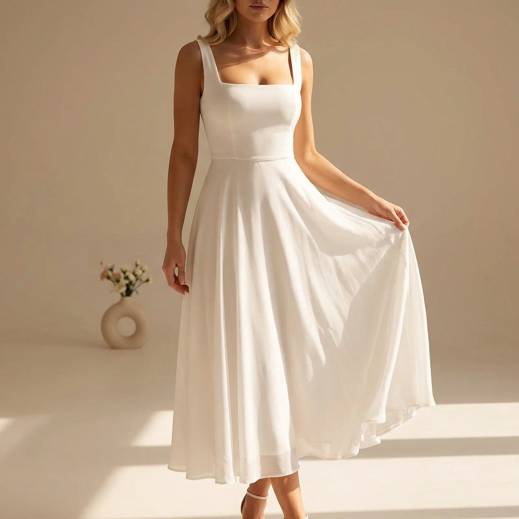 Women's Elegant A-Line Midi Dress with Square Neck