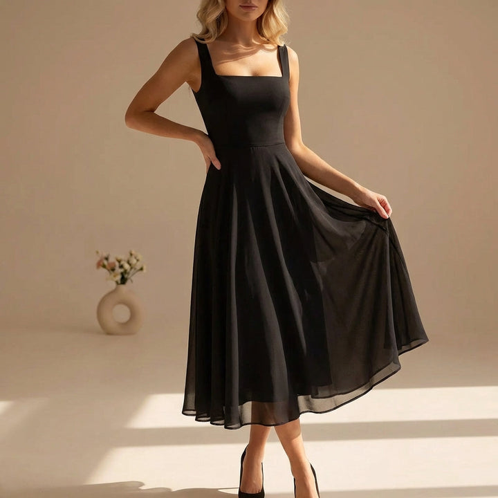 Women's Elegant A-Line Midi Dress with Square Neck