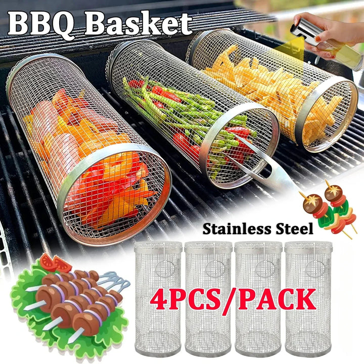 Stainless Steel BBQ Grill Rolling Basket - Easy Grilling