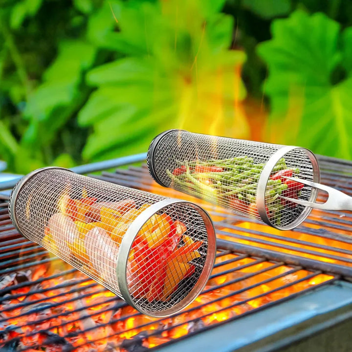 Stainless Steel BBQ Grill Rolling Basket - Easy Grilling