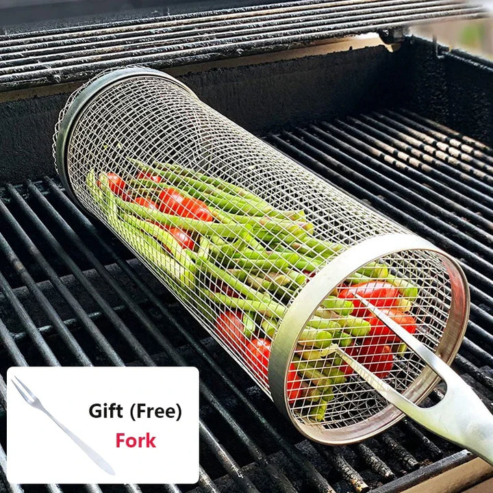 Stainless Steel BBQ Grill Rolling Basket - Easy Grilling