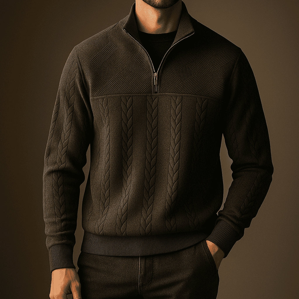 Stylish Cable Knit Sweater with Half-Zip and Stand-Up Collar for Men