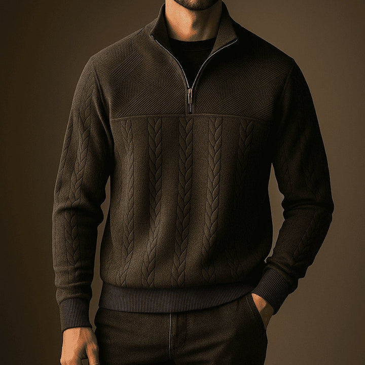 Stylish Cable Knit Sweater with Half-Zip and Stand-Up Collar for Men