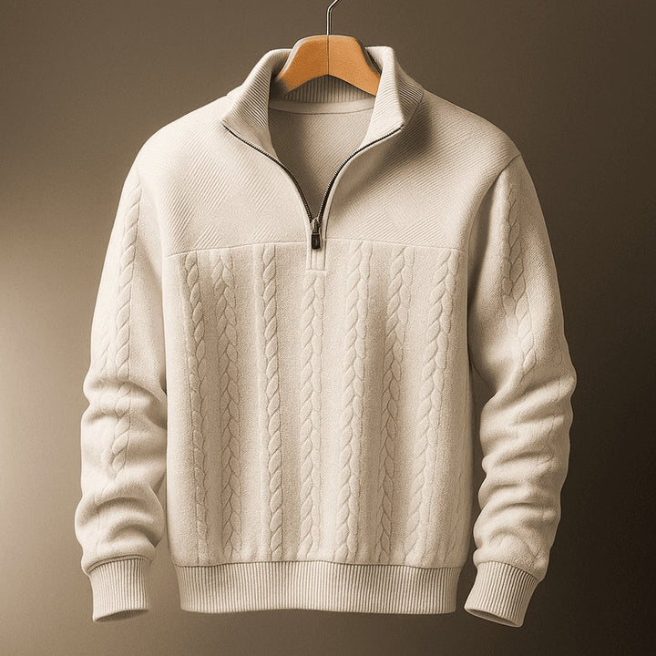 Stylish Cable Knit Sweater with Half-Zip and Stand-Up Collar for Men
