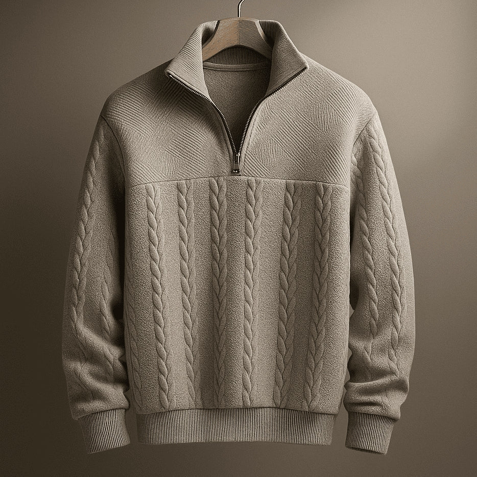 Stylish Cable Knit Sweater with Half-Zip and Stand-Up Collar for Men