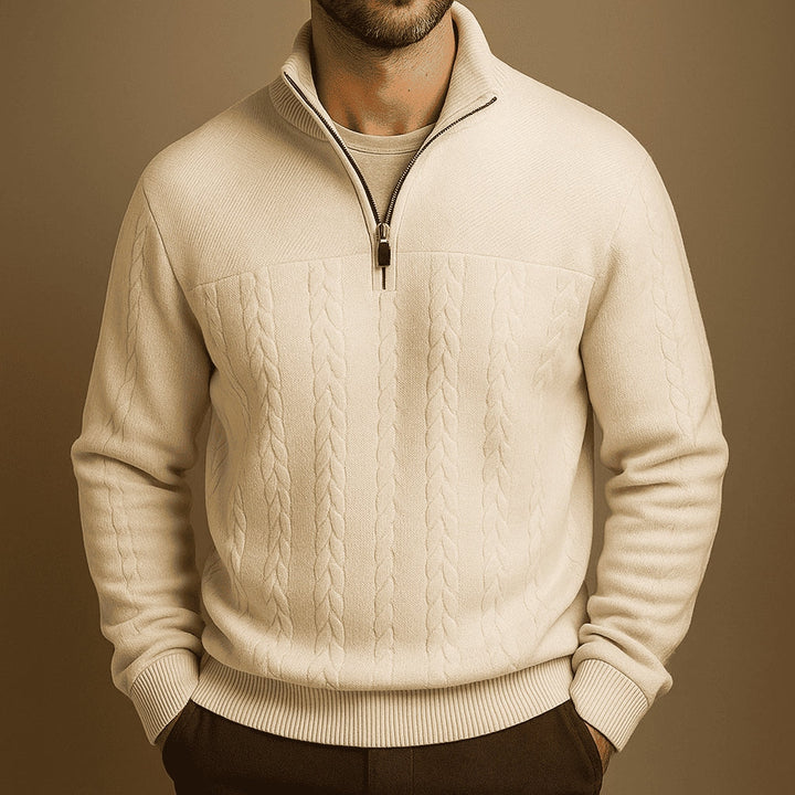 Stylish Cable Knit Sweater with Half-Zip and Stand-Up Collar for Men