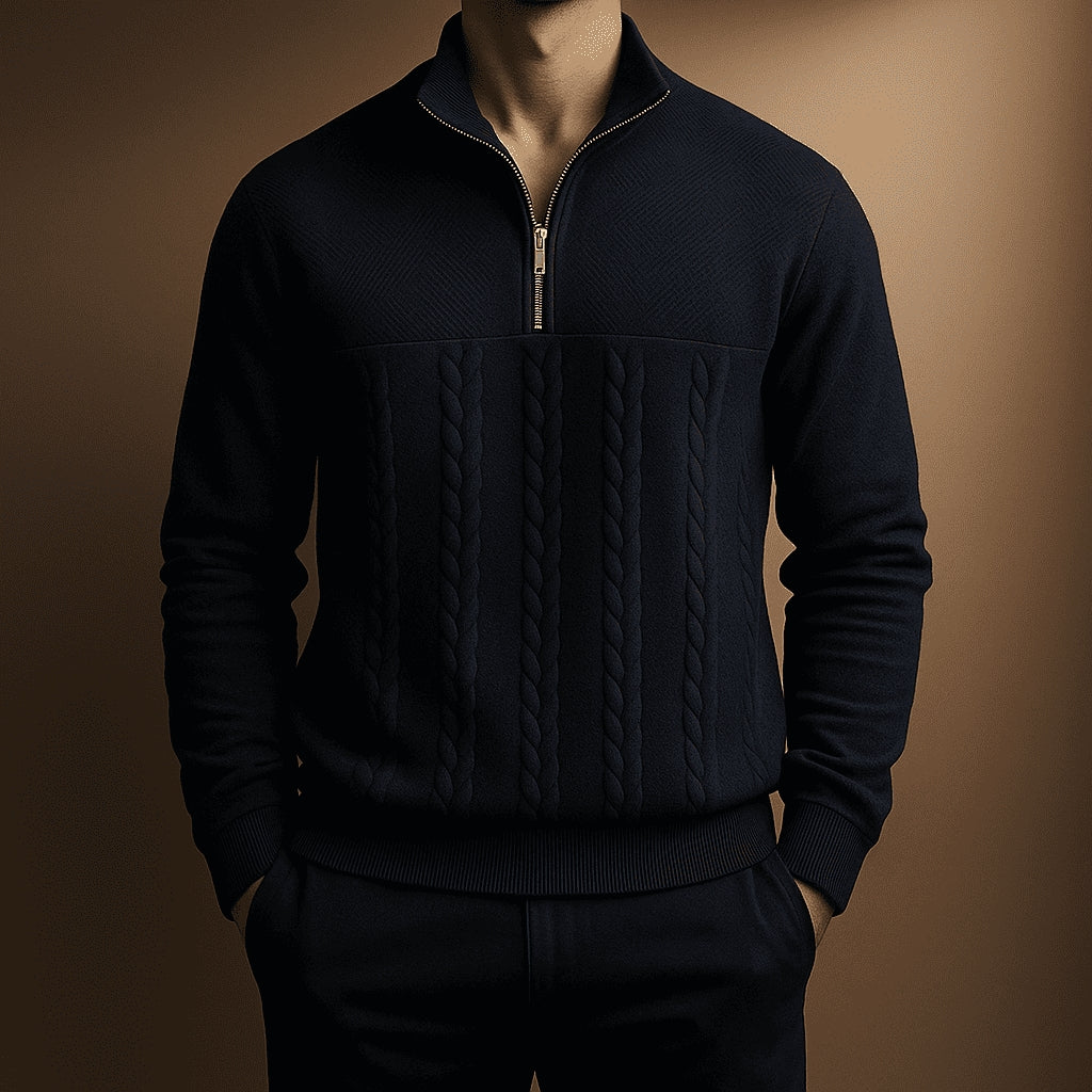 Stylish Cable Knit Sweater with Half-Zip and Stand-Up Collar for Men