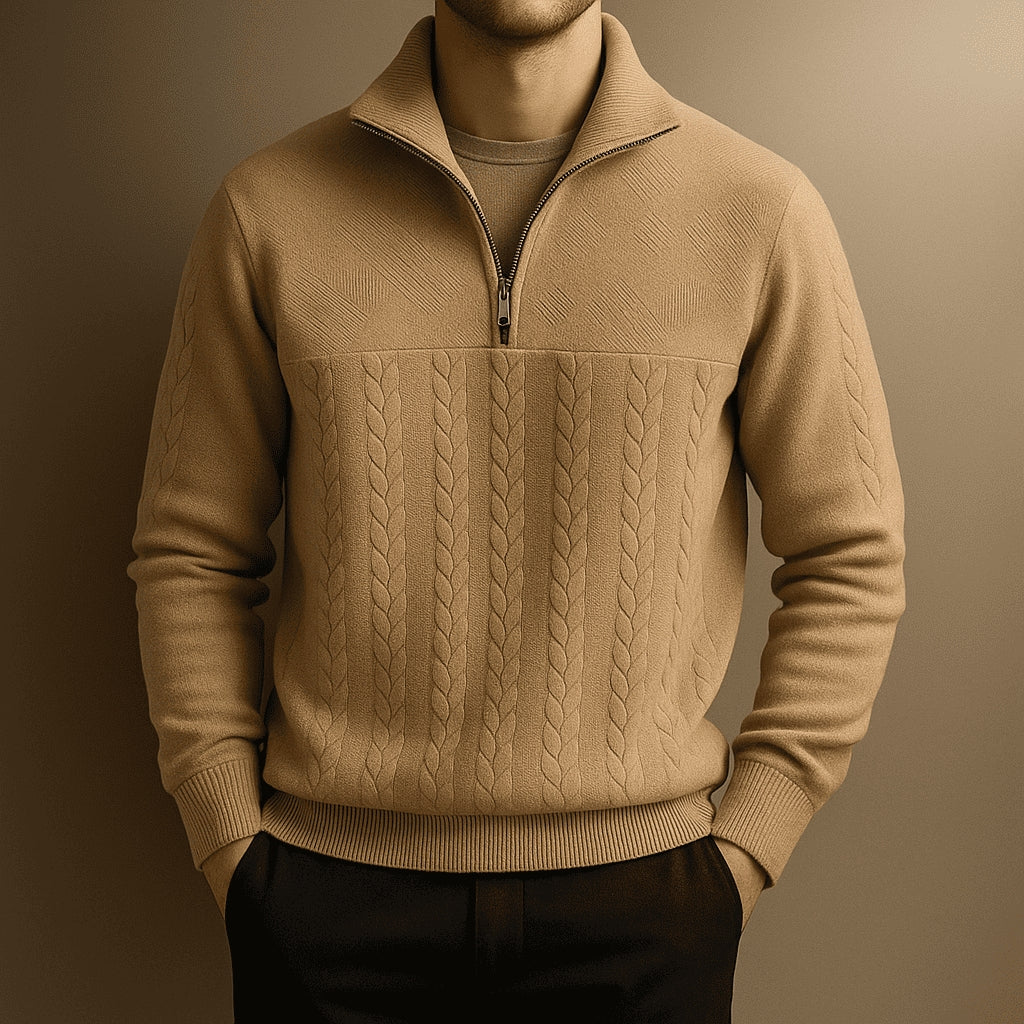 Stylish Cable Knit Sweater with Half-Zip and Stand-Up Collar for Men
