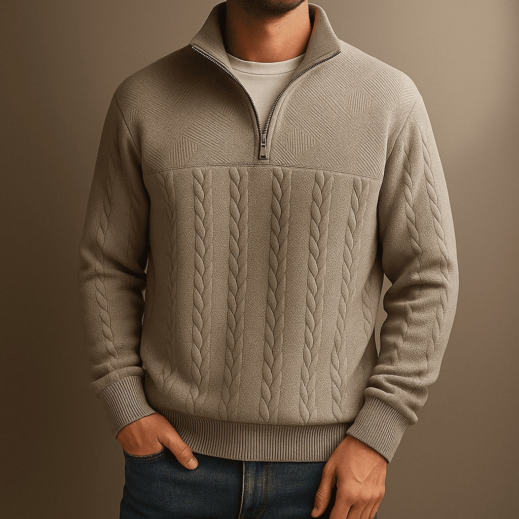 Stylish Cable Knit Sweater with Half-Zip and Stand-Up Collar for Men