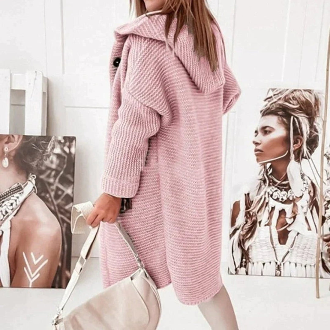 Lena | Women's Long Knitted Cardigan Warm Hooded Button Placket Oversized