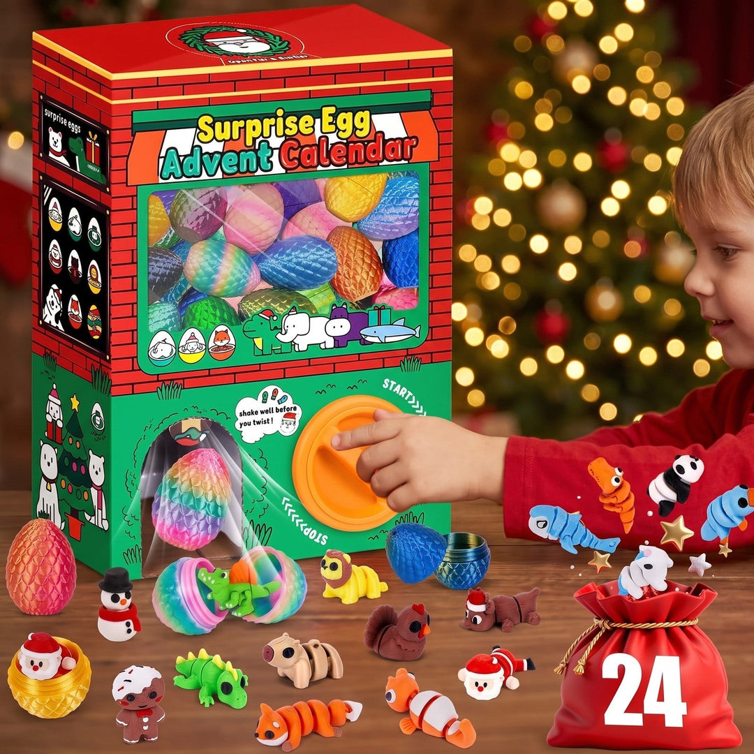 Surprise Egg Advent Calendar, 24 Eggs with Flexible 3D Printed Figures