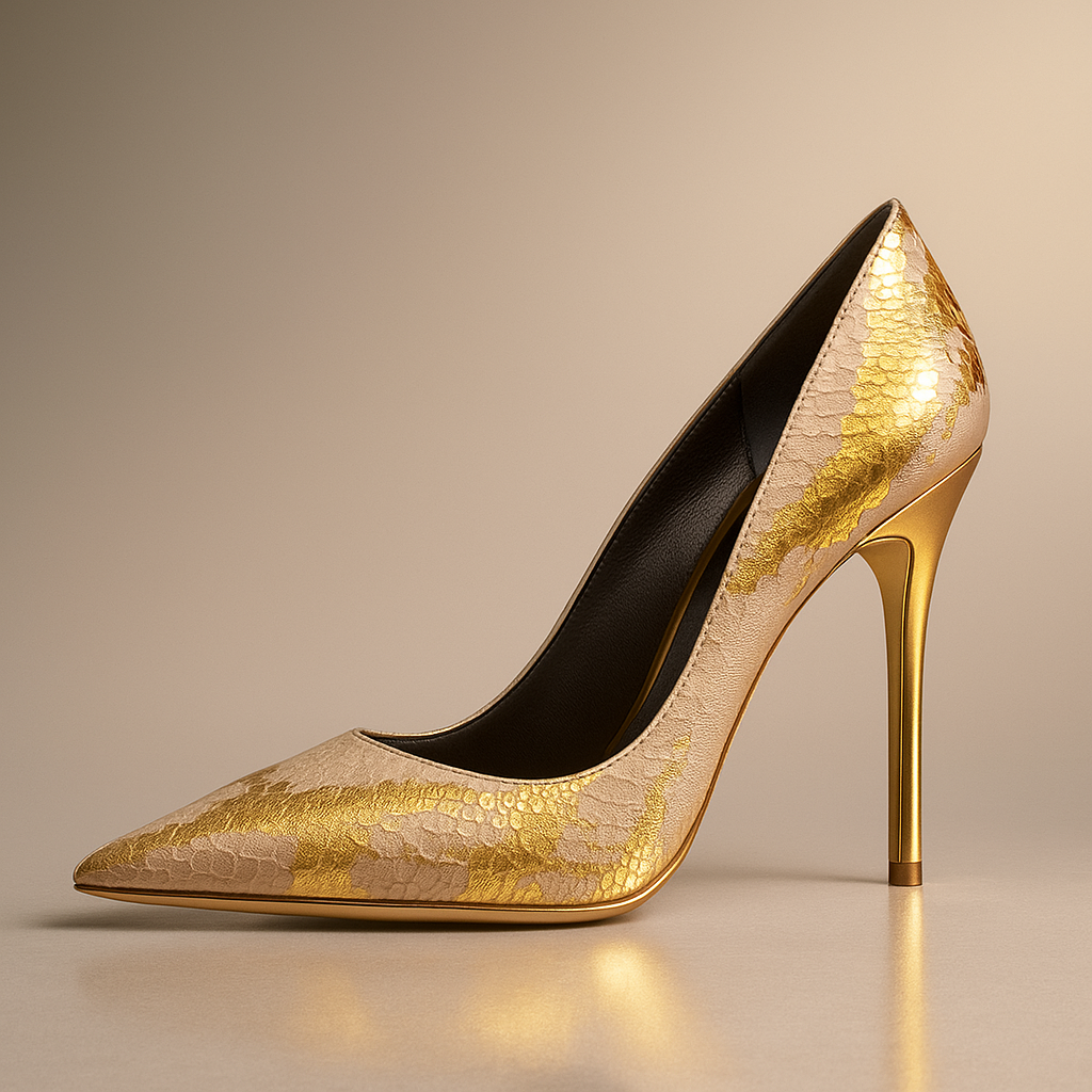 Women's Pointed Toe Heels with Snakeskin Effect Upper and Sculpted Gold Heel – Elegant Shoes