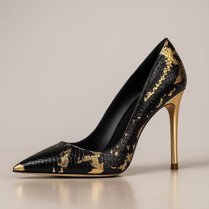 Women's Pointed Toe Heels with Snakeskin Effect Upper and Sculpted Gold Heel – Elegant Shoes