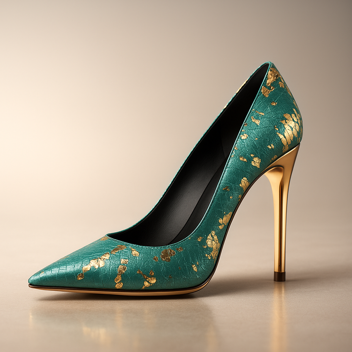 Women's Pointed Toe Heels with Snakeskin Effect Upper and Sculpted Gold Heel – Elegant Shoes