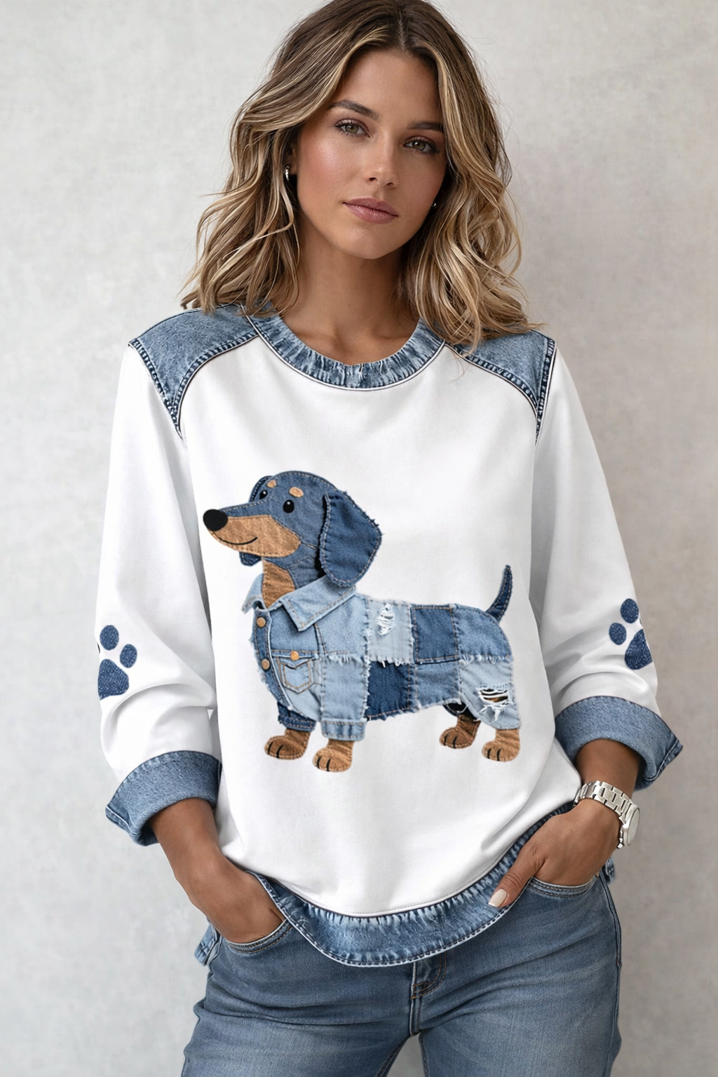 Dog Pattern Premium Sweater | Denim Dog Collection | Women's
