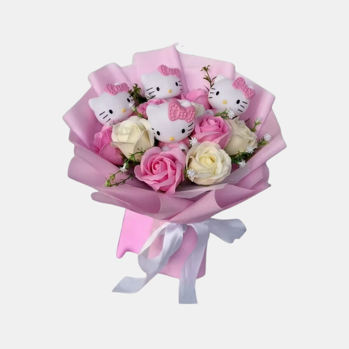 Colourful Synthetic Flower Bouquet With Kitty Figurines For Gifts And Decoration - Elena Harper