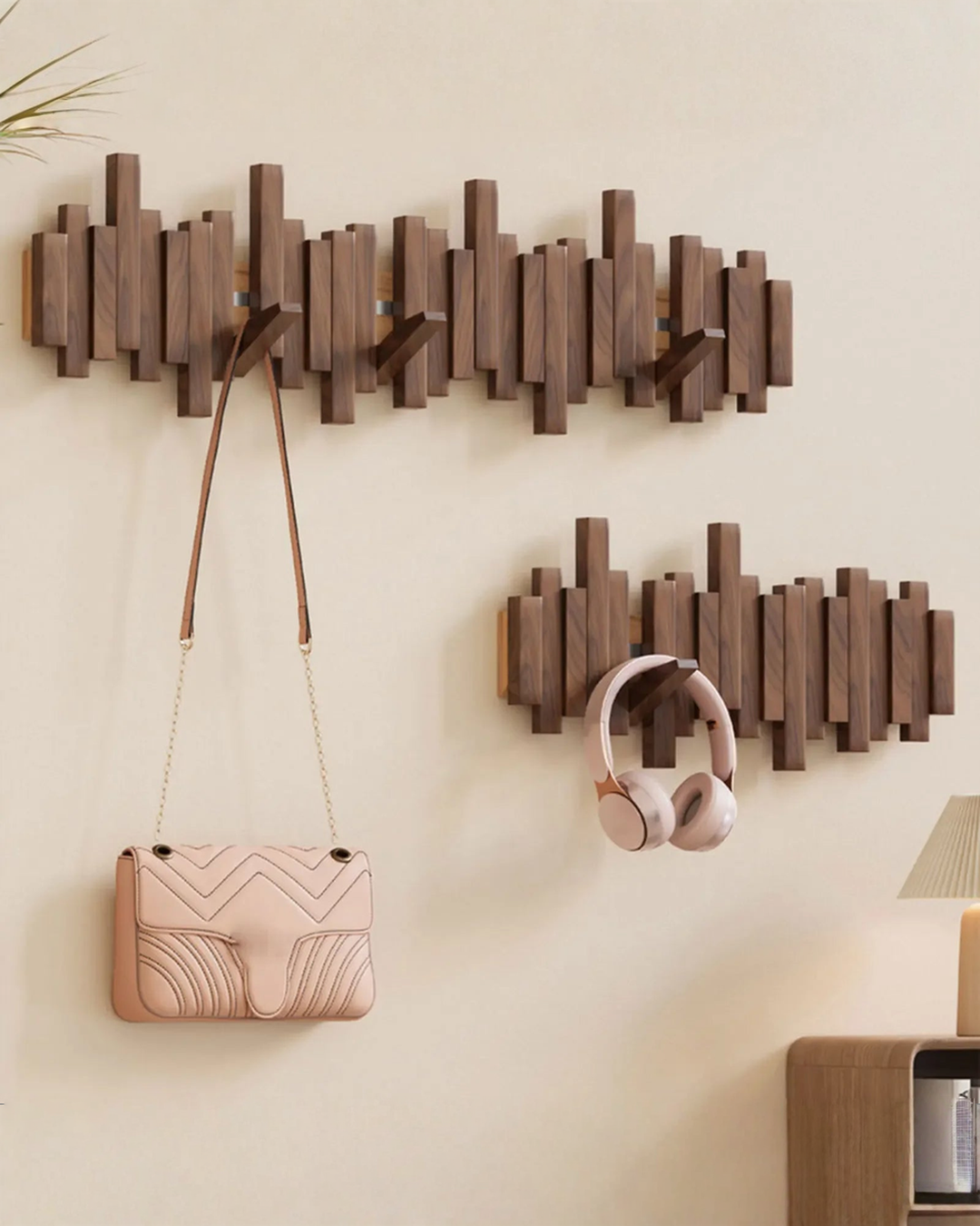 Wooden coat rack with folding magnetic hooks – beech, 3–10 hooks