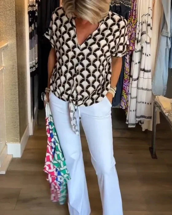 Audrey Casual Top with V-Neck and Print, view 2 - Elena Harper