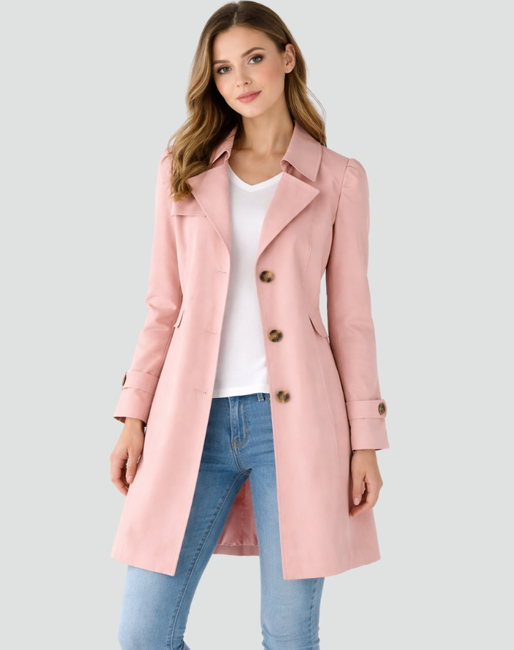 Fitted women's trench coat with buttoned lapel