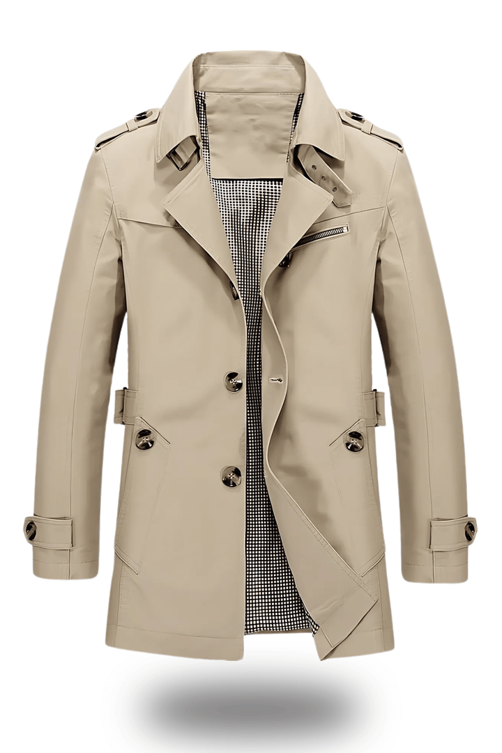 Classic men's trench coat with a notched collar in durable material
