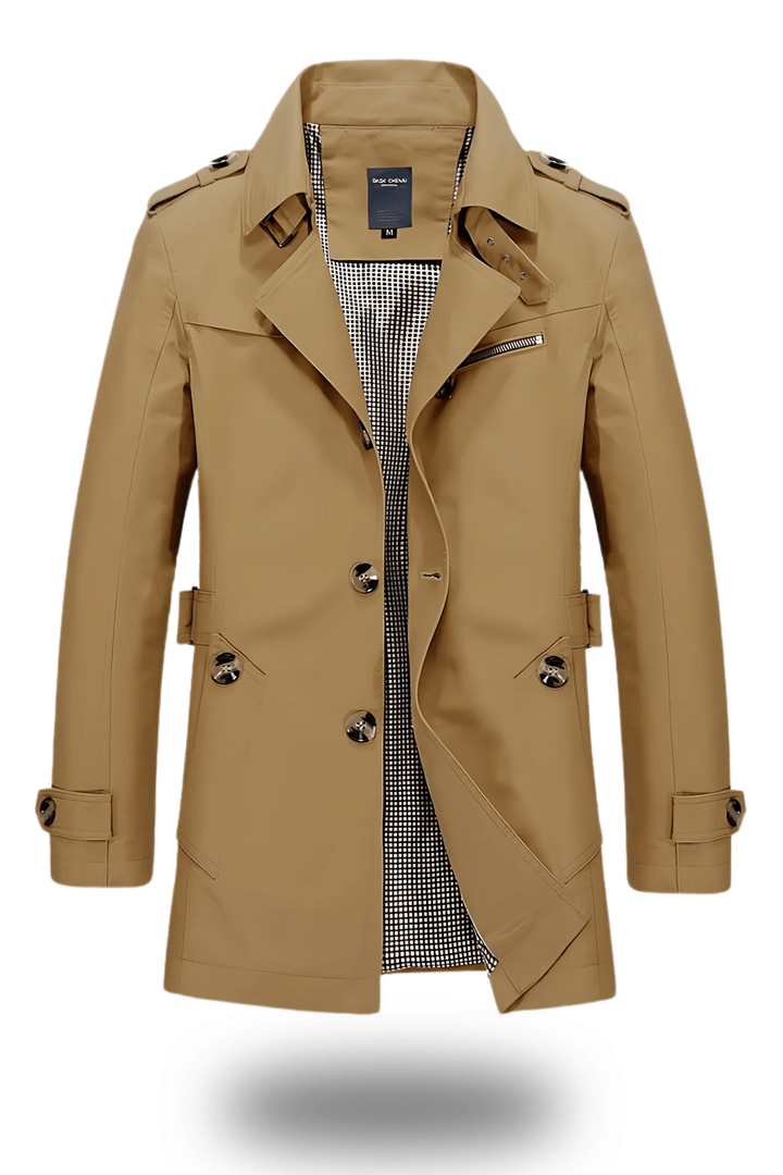 Classic men's trench coat with a notched collar in durable material