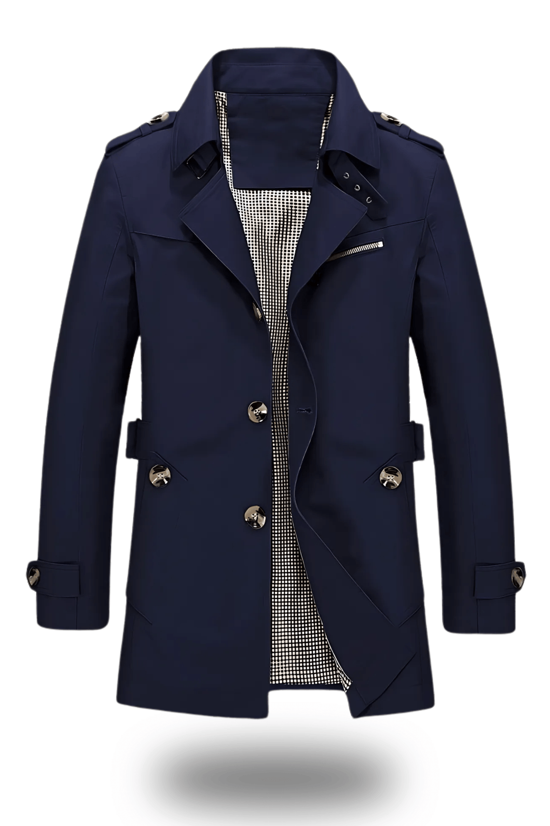 Classic men's trench coat with a notched collar in durable material
