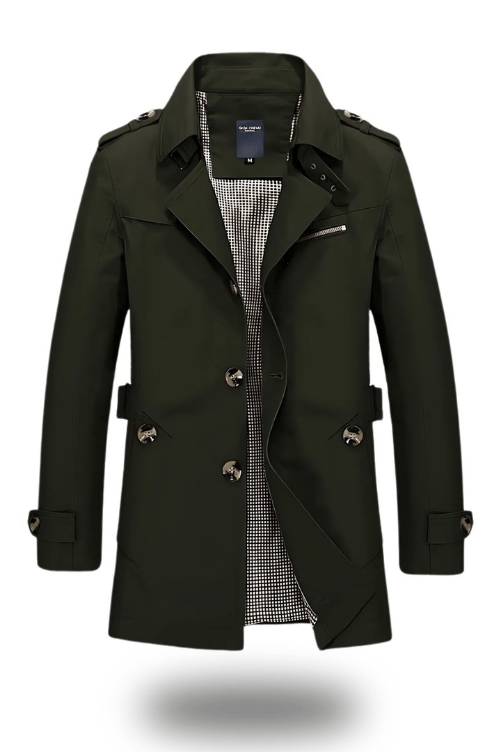 Classic men's trench coat with a notched collar in durable material
