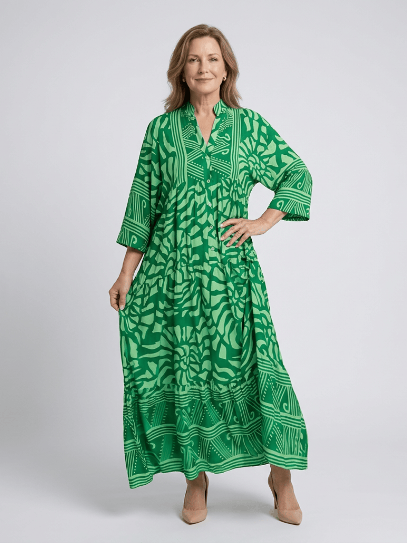Marielle™ Emma & Rose Cape Town button front midi dress in floral fabric, knee-length with long sleeves and a fitted waist.