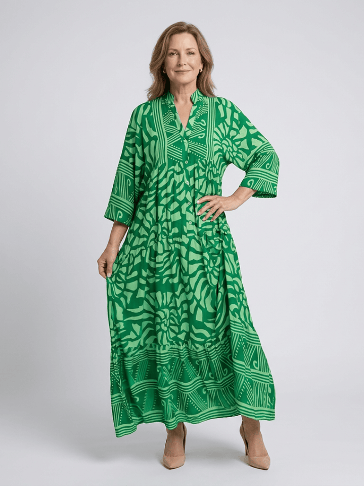 Marielle™ Emma & Rose Cape Town button front midi dress in floral fabric, knee-length with long sleeves and a fitted waist.