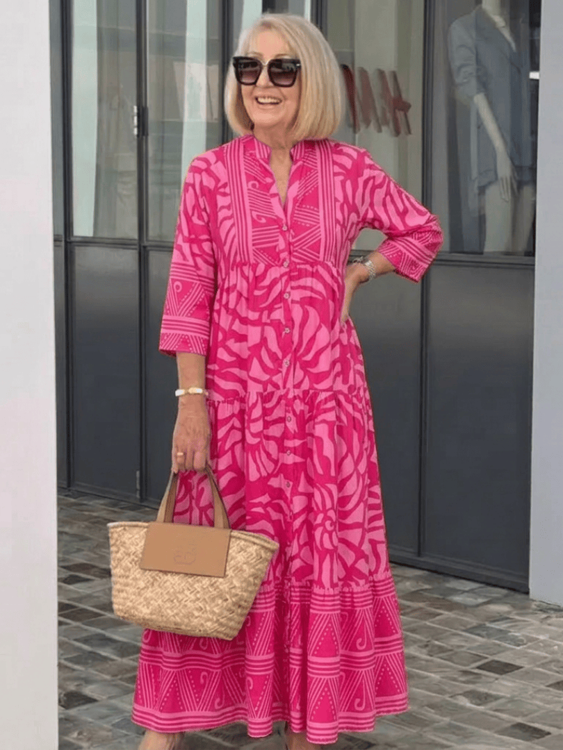 Marielle™ Emma & Rose Cape Town button-front midi dress with floral pattern, knee-length, and short sleeves, perfect for summer wear.