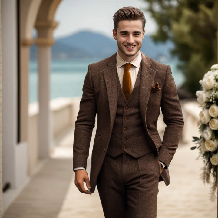 Harrington Oxford Men Wedding Three‑Piece Suit Tweed - Elena Harper