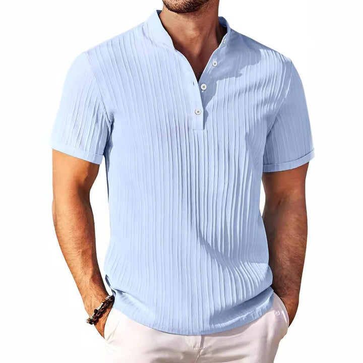 Men's Checkered Henley Shirt with Short Sleeves and Button Closure