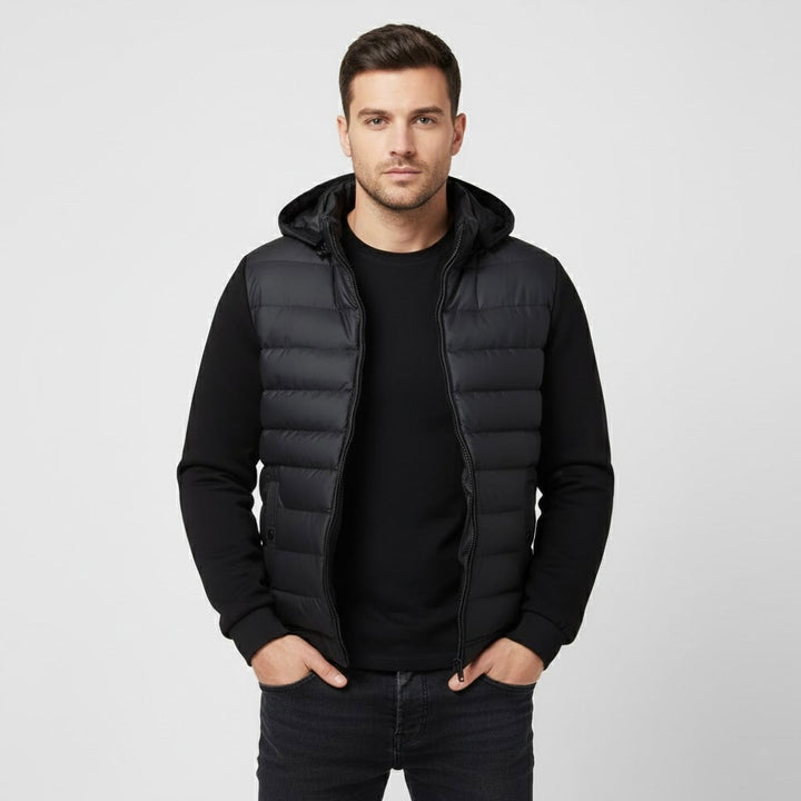 Padded Hybrid Winter Jacket with Knitted Sleeves and Hood for Men