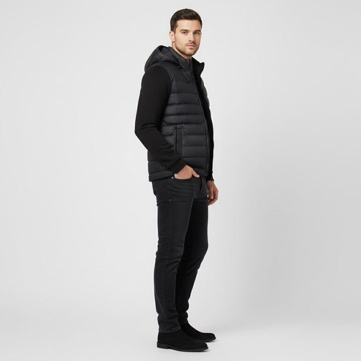 Padded Hybrid Winter Jacket with Knitted Sleeves and Hood for Men