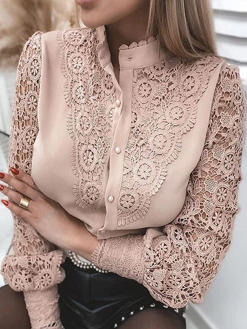 Lace Blouse with Stand-Up Collar and Long Sleeves for Women