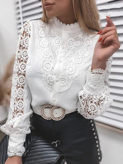 Lace Blouse with Stand-Up Collar and Long Sleeves for Women