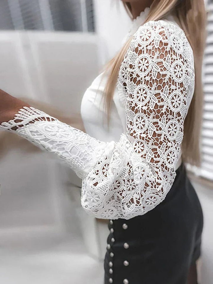Lace Blouse with Stand-Up Collar and Long Sleeves for Women