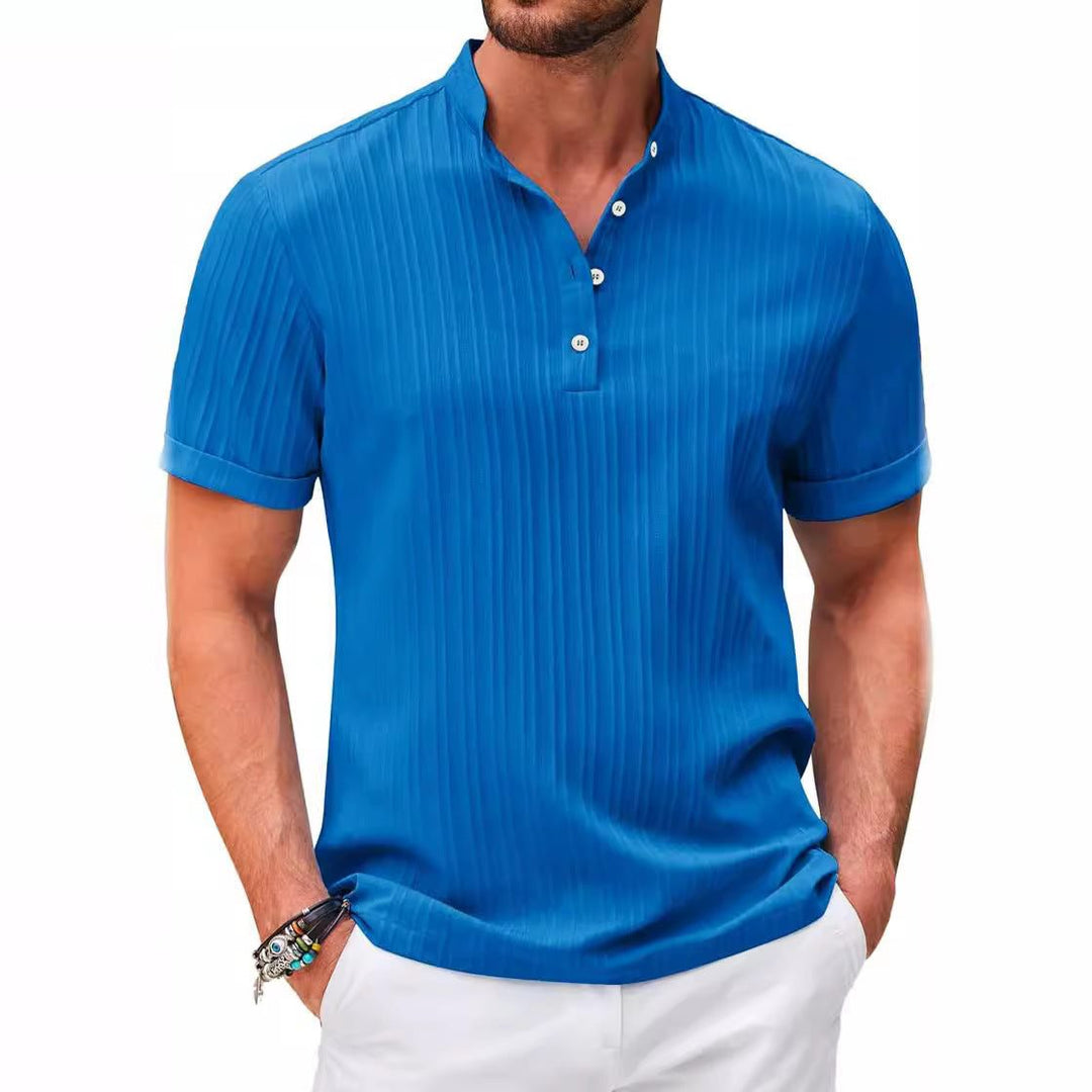 Men's Checkered Henley Shirt with Short Sleeves and Button Closure