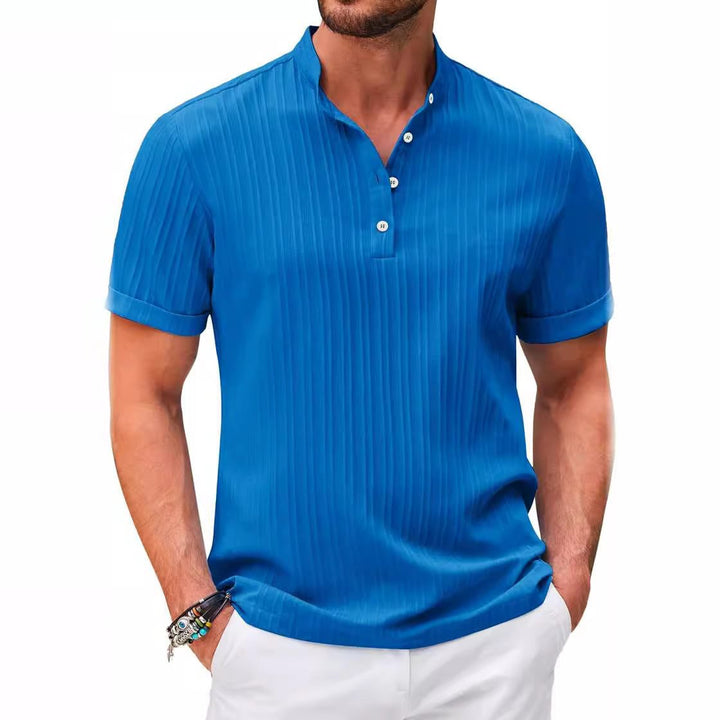 Men's Checkered Henley Shirt with Short Sleeves and Button Closure