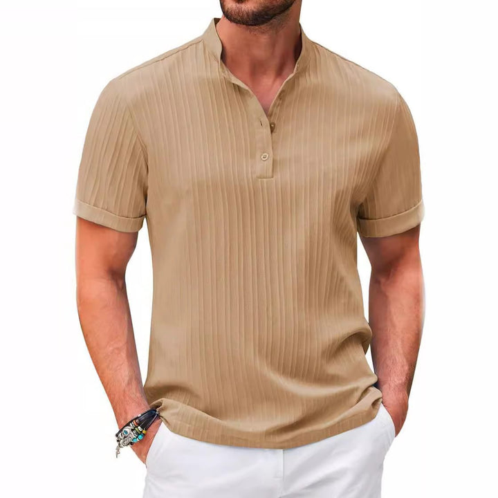 Men's Checkered Henley Shirt with Short Sleeves and Button Closure