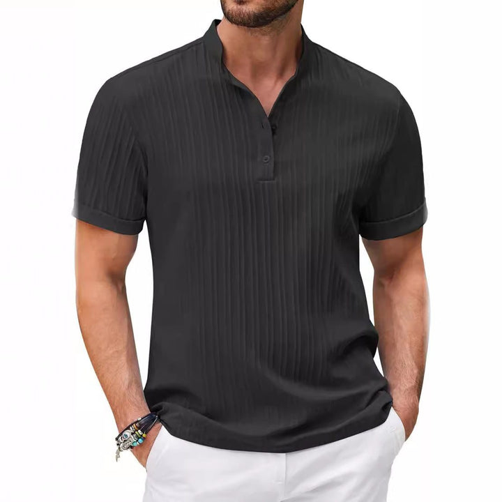 Men's Checkered Henley Shirt with Short Sleeves and Button Closure