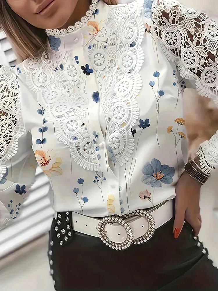 Lace Blouse with Stand-Up Collar and Long Sleeves for Women