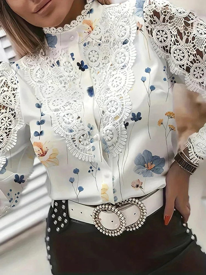 Lace Blouse with Stand-Up Collar and Long Sleeves for Women