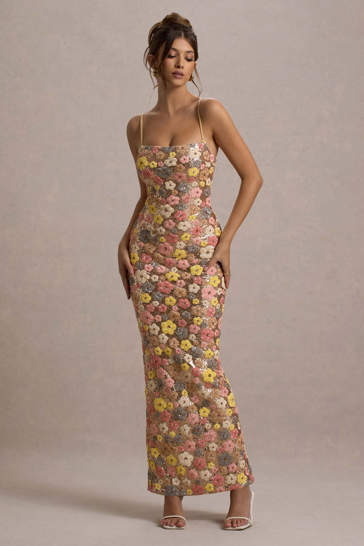 Elegant Long Floral Dress with Fine Straps, view 4 - Elena Harper