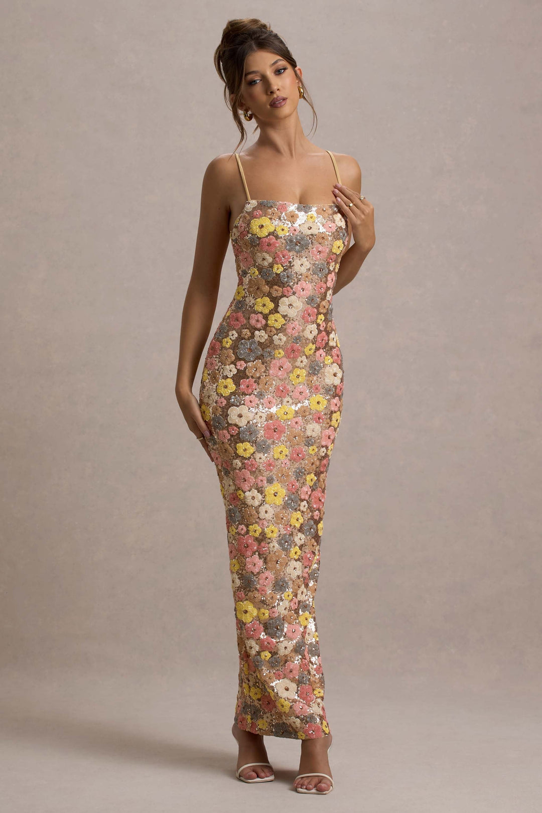 Elegant Long Floral Dress with Fine Straps, view 5 - Elena Harper