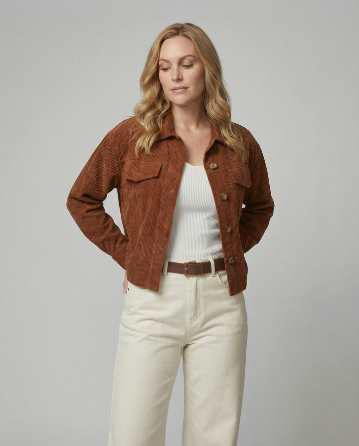 Women's Cotton Cord Jacket with Pockets and Button Closure EB
