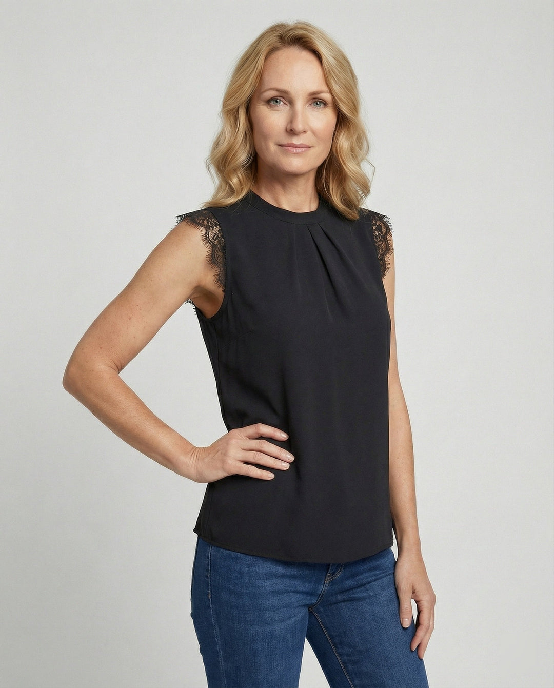 Sleeveless Lace Blouse for Women with Round Neckline - Elena Harper